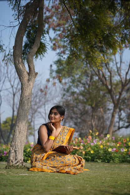 A Beautiful Sunset - Ajrakh Yellow Handblock Print Natural Dyed - Mulmul Cotton Saree