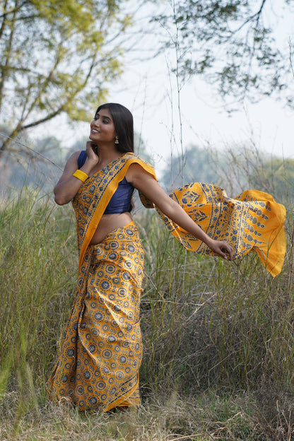 A Beautiful Sunset - Ajrakh Yellow Handblock Print Natural Dyed - Mulmul Cotton Saree