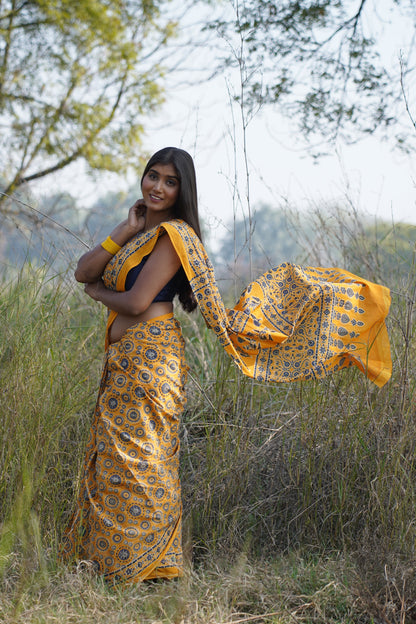 A Beautiful Sunset - Ajrakh Yellow Handblock Print Natural Dyed - Mulmul Cotton Saree