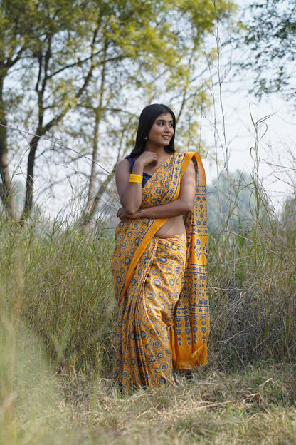 A Beautiful Sunset - Ajrakh Yellow Handblock Print Natural Dyed - Mulmul Cotton Saree