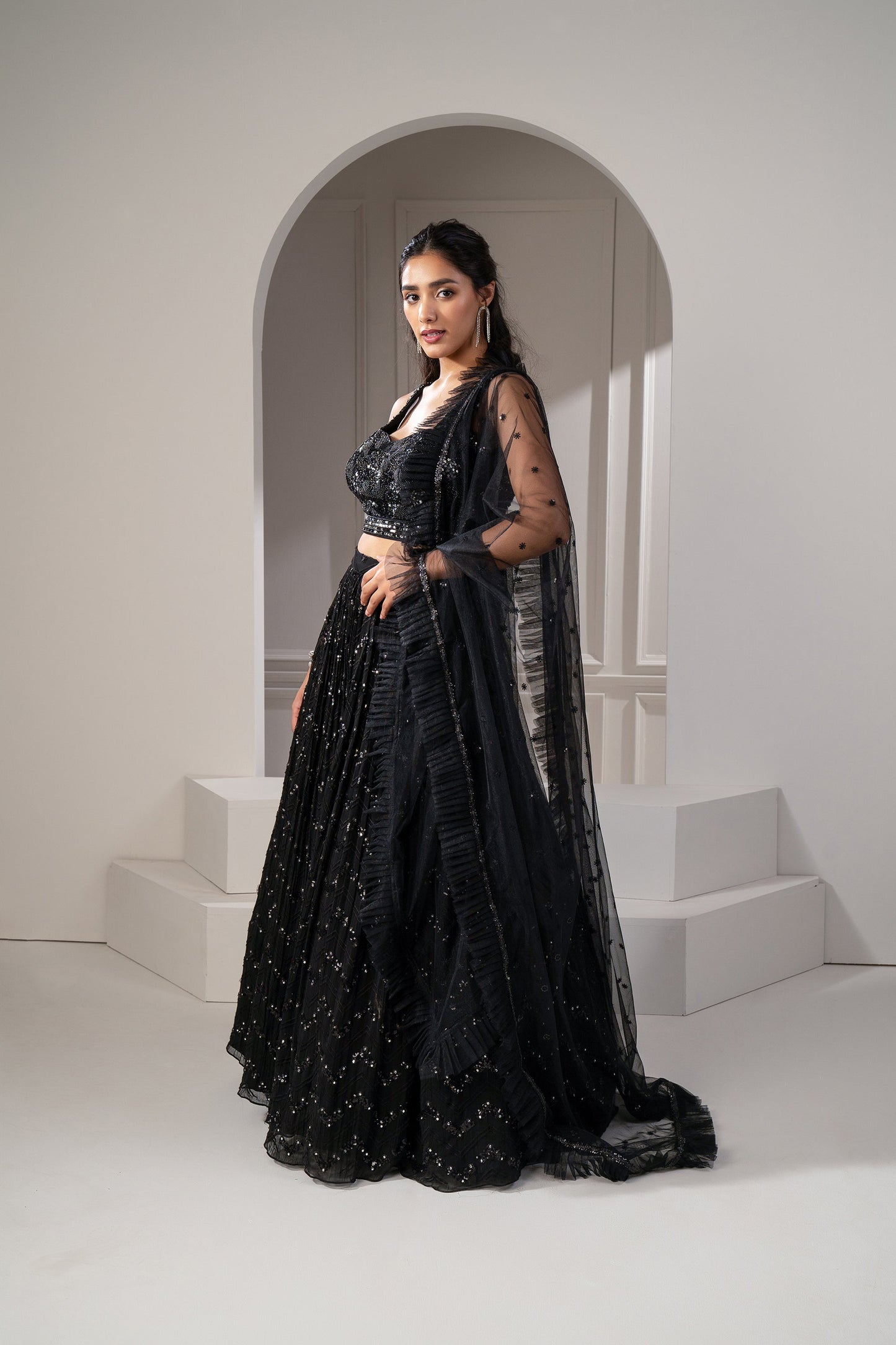 Jet Black Sequins Embroidered Georgette Lehenga Set