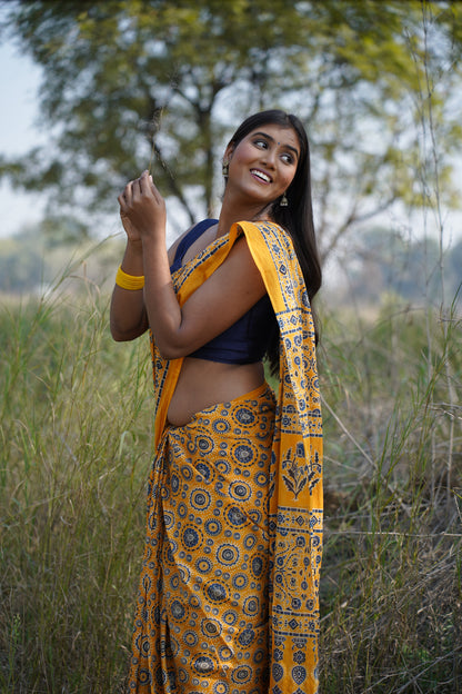 A Beautiful Sunset - Ajrakh Yellow Handblock Print Natural Dyed - Mulmul Cotton Saree
