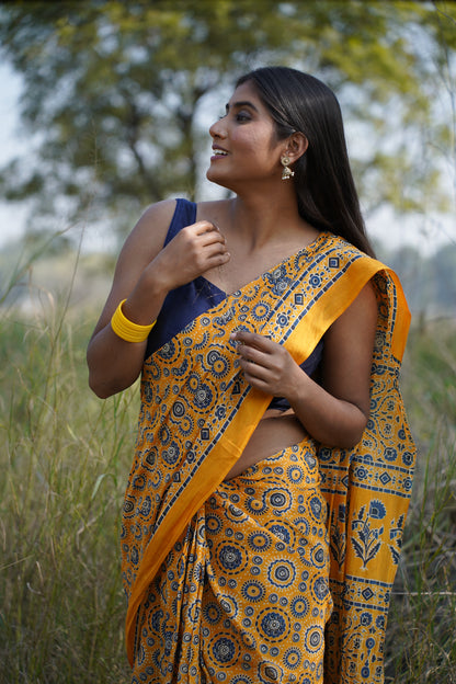 A Beautiful Sunset - Ajrakh Yellow Handblock Print Natural Dyed - Mulmul Cotton Saree