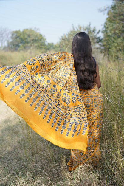 A Beautiful Sunset - Ajrakh Yellow Handblock Print Natural Dyed - Mulmul Cotton Saree