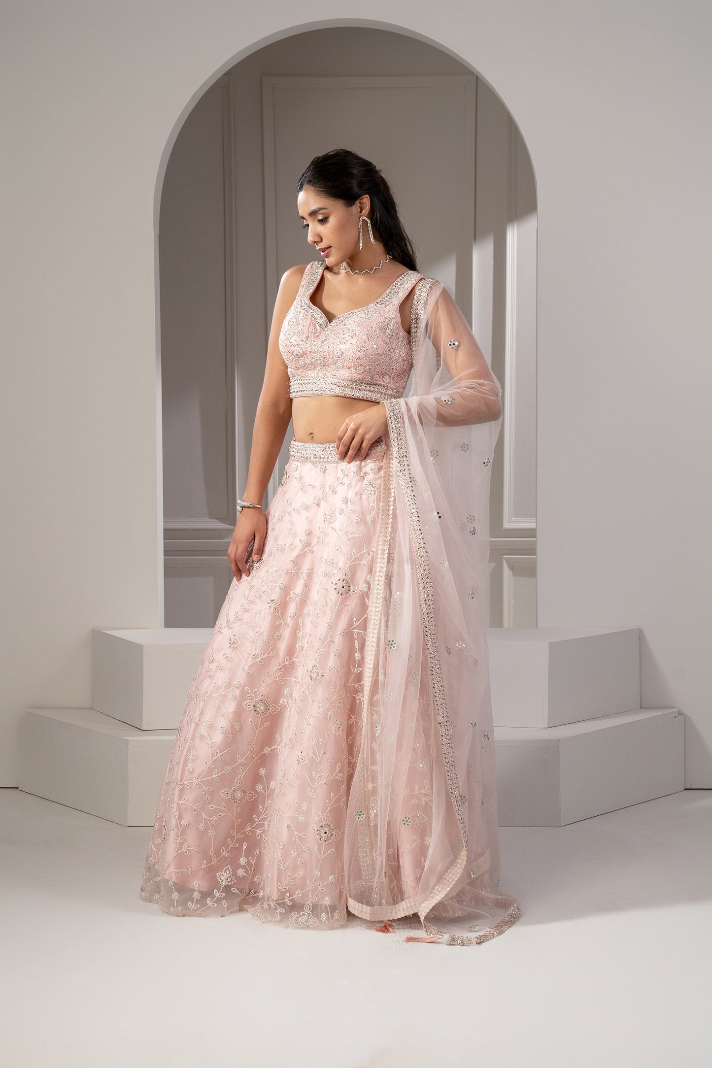 Blush Peach Organza Net Lehenga Set with Mirror, Thread and Sequins Embellishments,