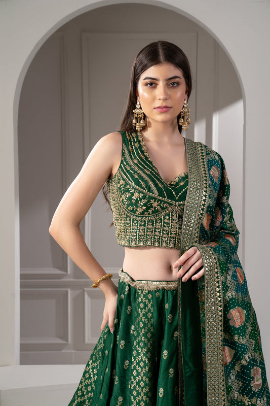 Castleton Green Sequins, Zari and Thread Embroidered Semi Silk Lehenga Set.