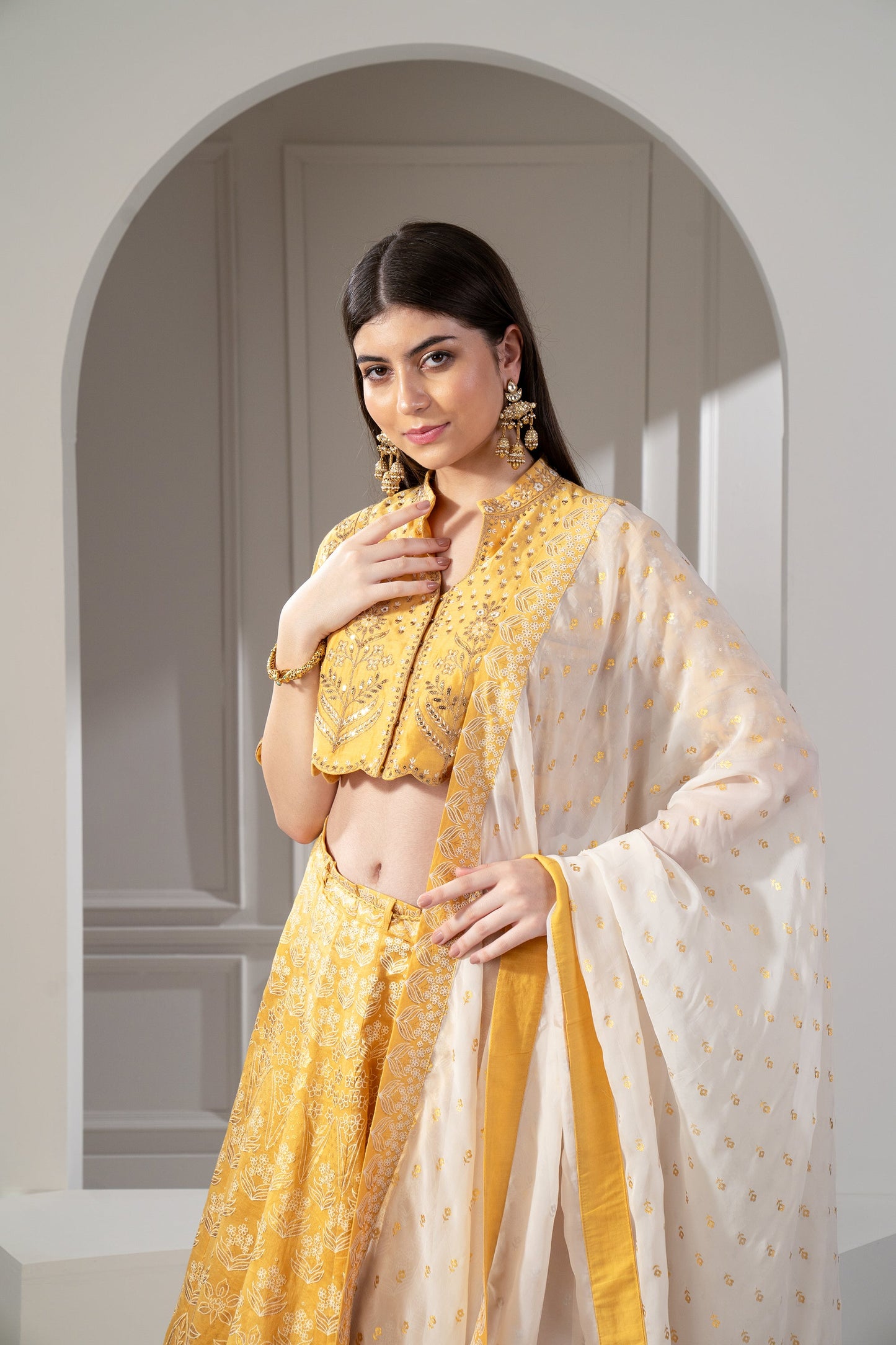 Daffodil Yellow Satin Silk Emroidered Indo Western Set