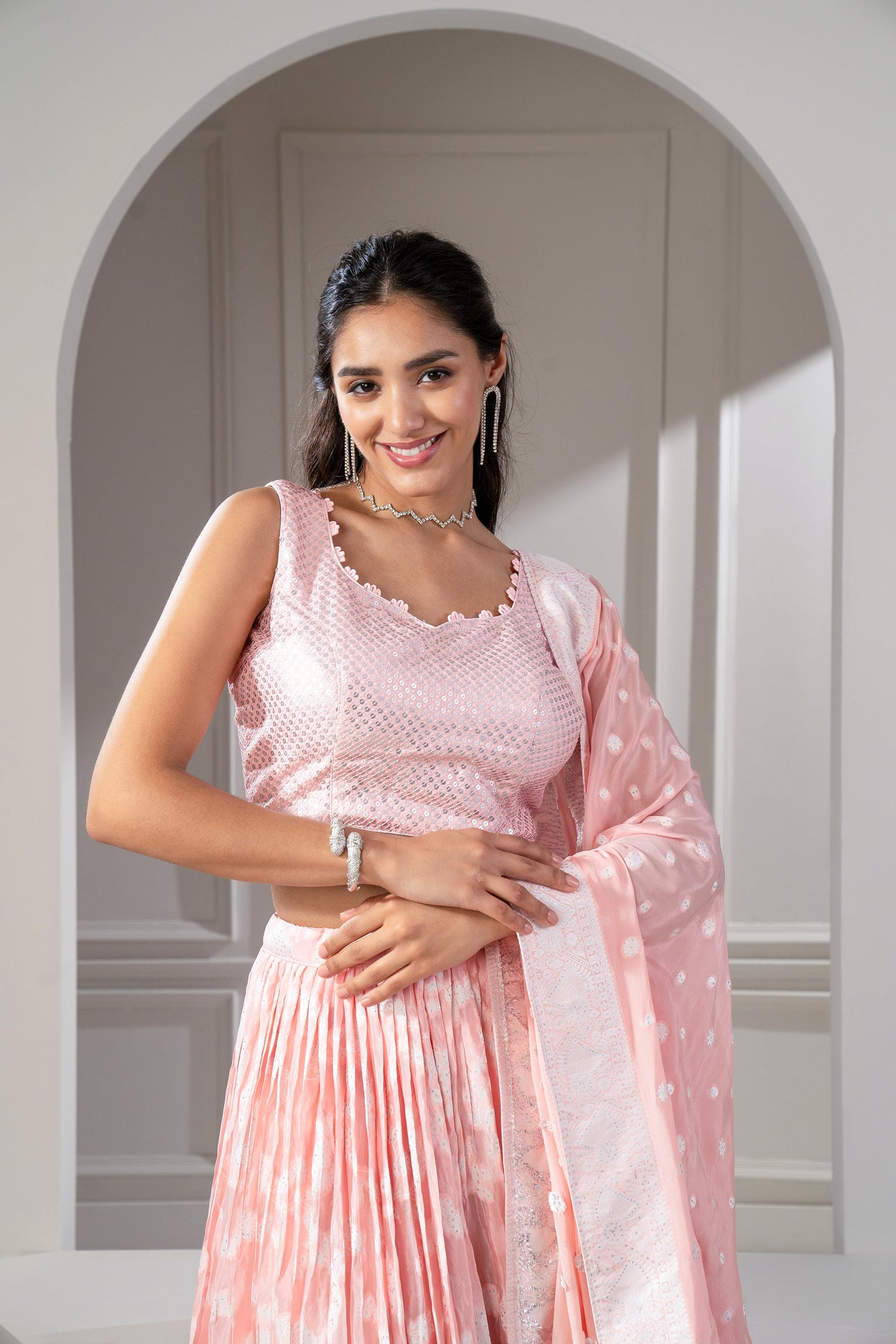 Apricot Peach Soft Silk Printed Lehenga Set