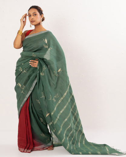 Green maroon embroidered handwoven linen saree