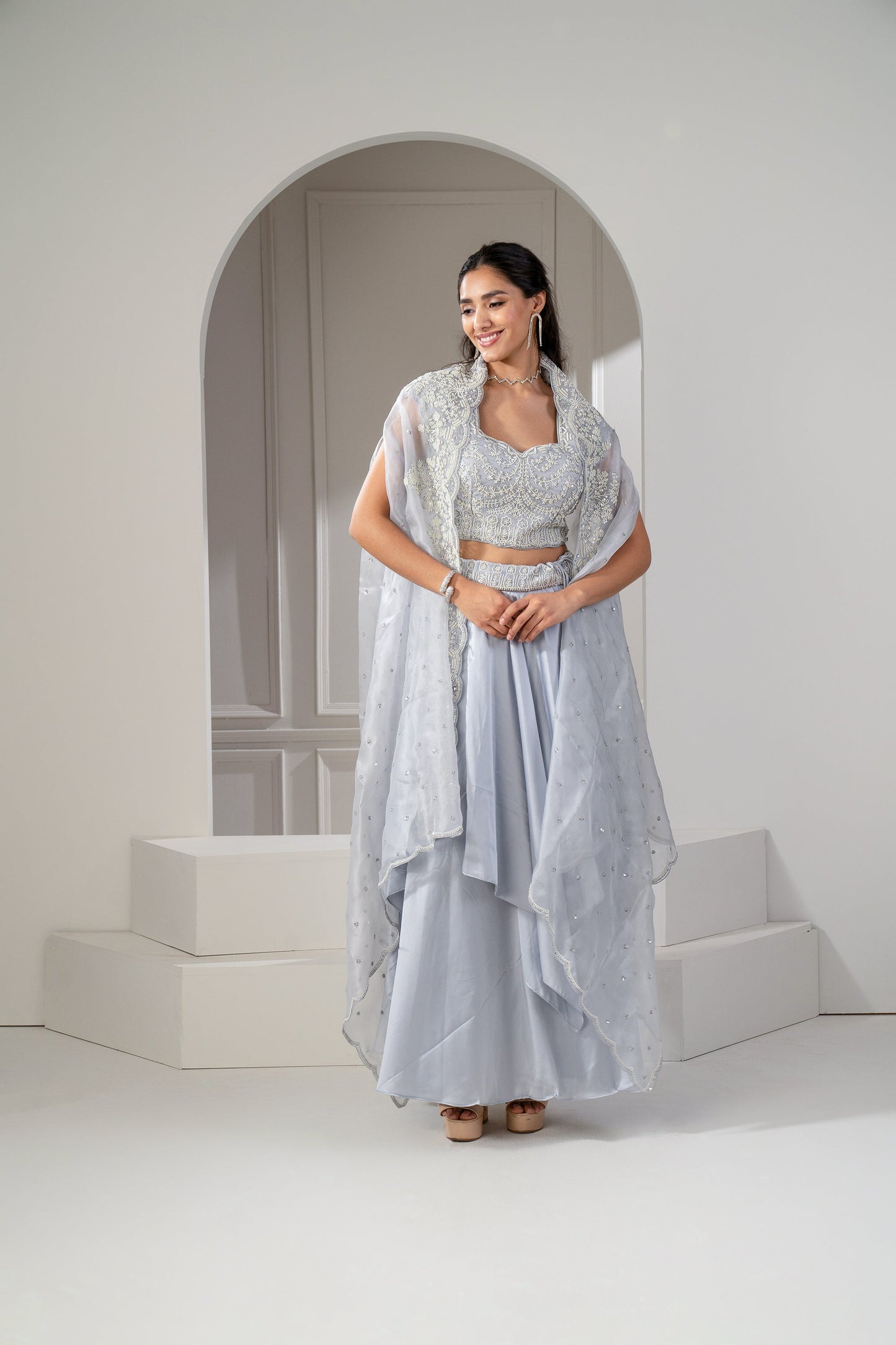 Metallic Silver Organza Silk Heavily Embroidered Indo Western Set
