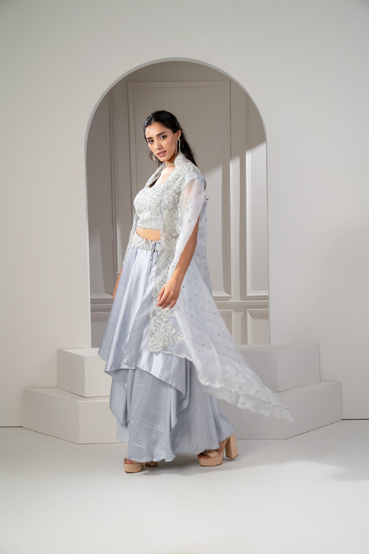 Metallic Silver Organza Silk Heavily Embroidered Indo Western Set