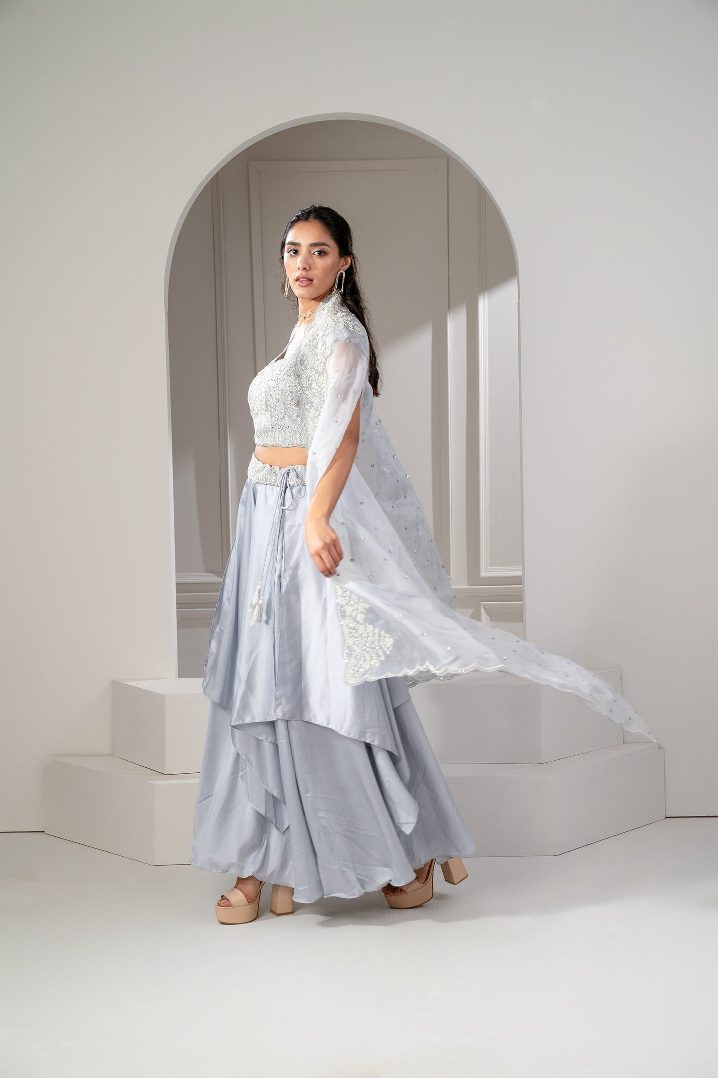 Metallic Silver Organza Silk Heavily Embroidered Indo Western Set