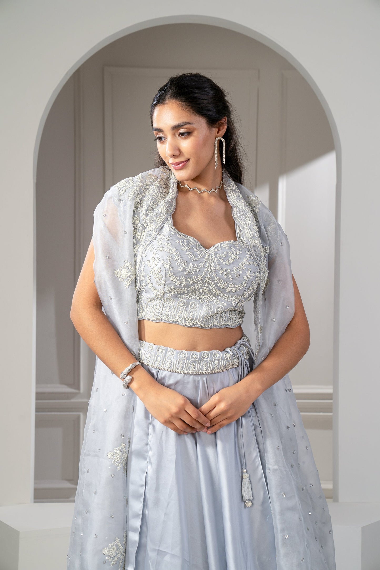 Metallic Silver Organza Silk Heavily Embroidered Indo Western Set