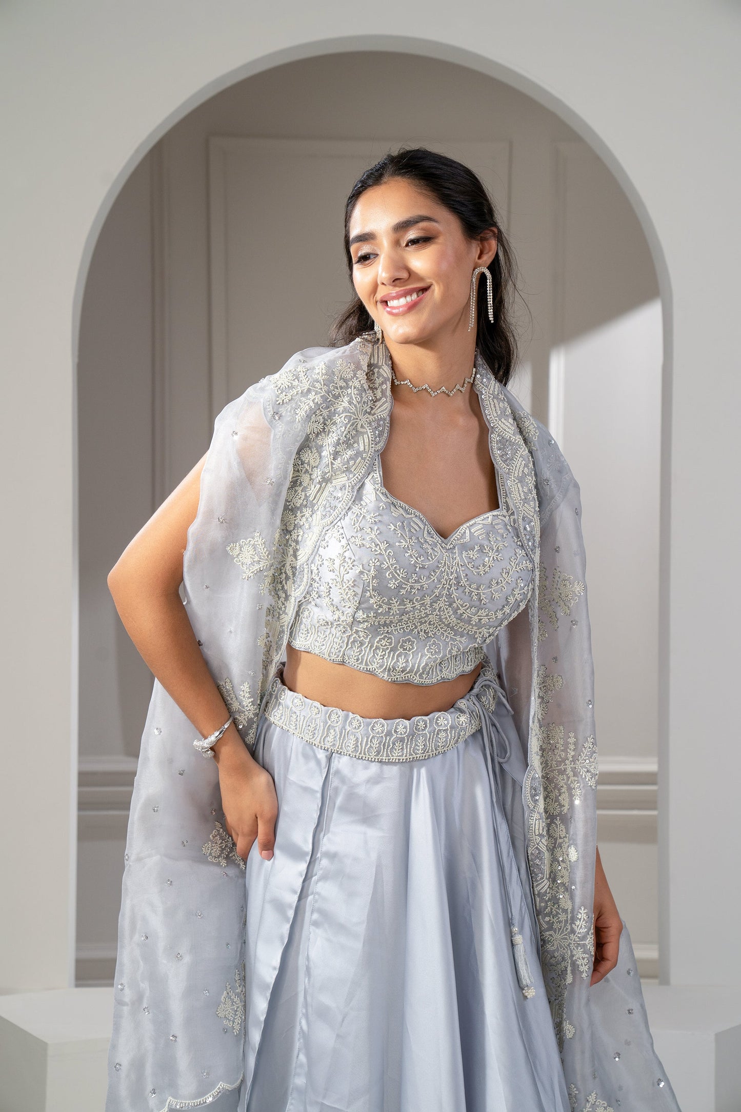 Metallic Silver Organza Silk Heavily Embroidered Indo Western Set