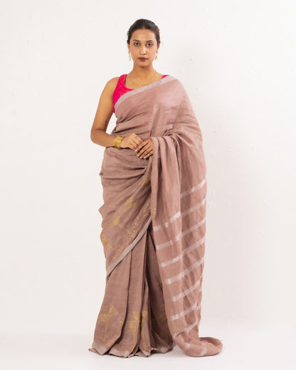 Old rose embroidered handwoven linen saree