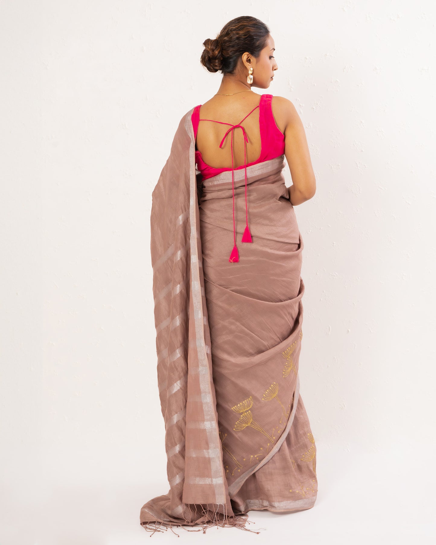 Old rose embroidered handwoven linen saree