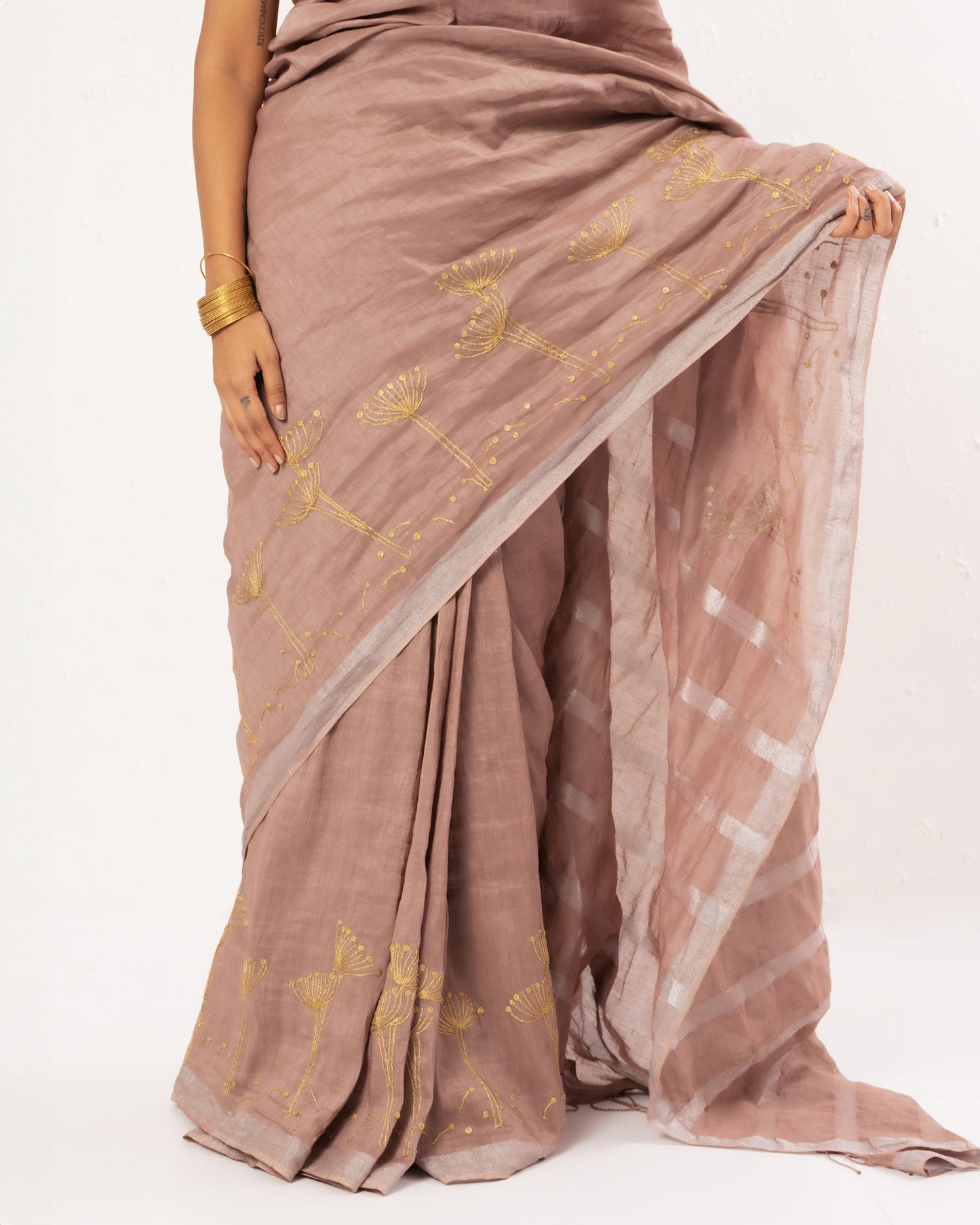 Old rose embroidered handwoven linen saree