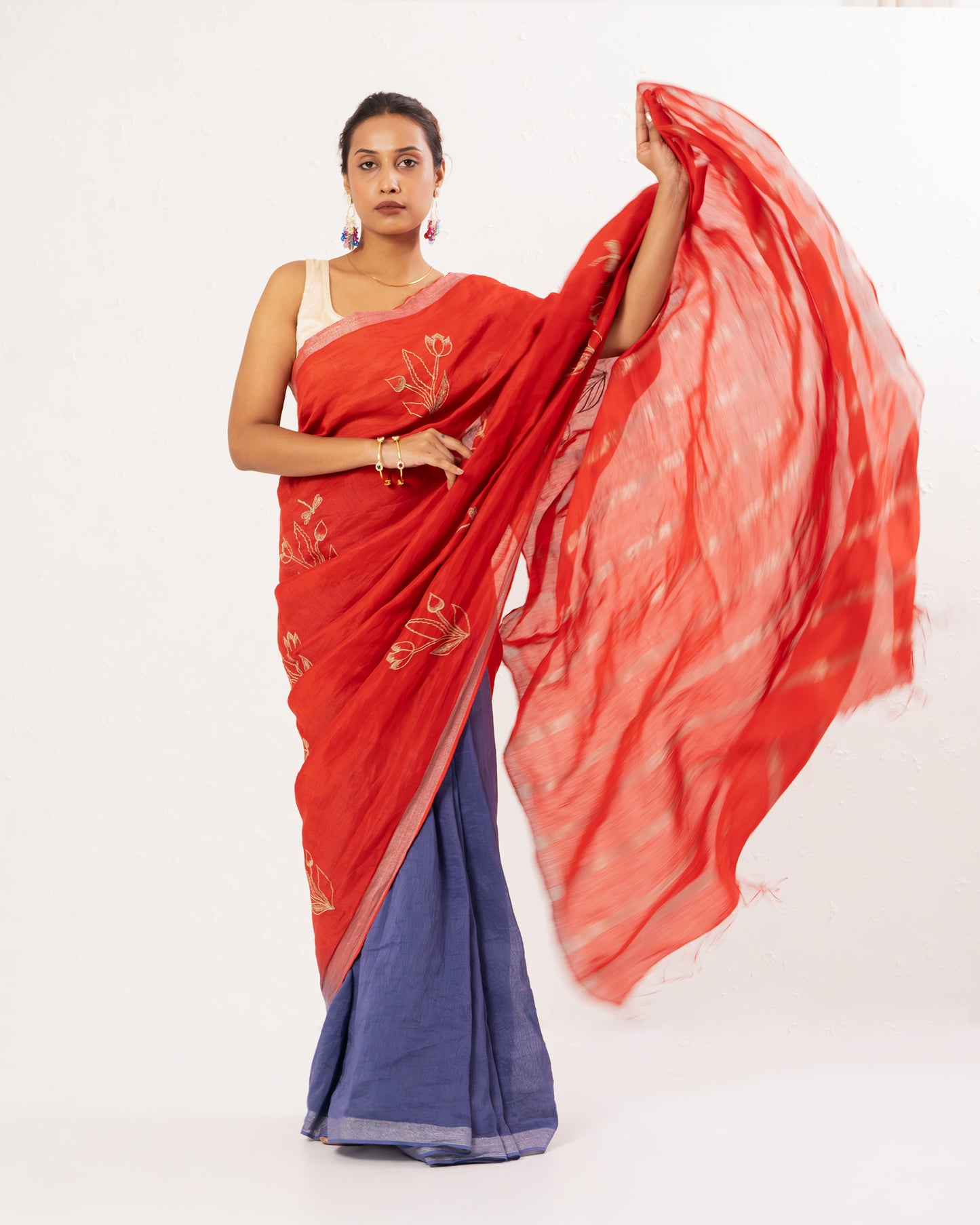 Red purple embroidered handwoven linen saree