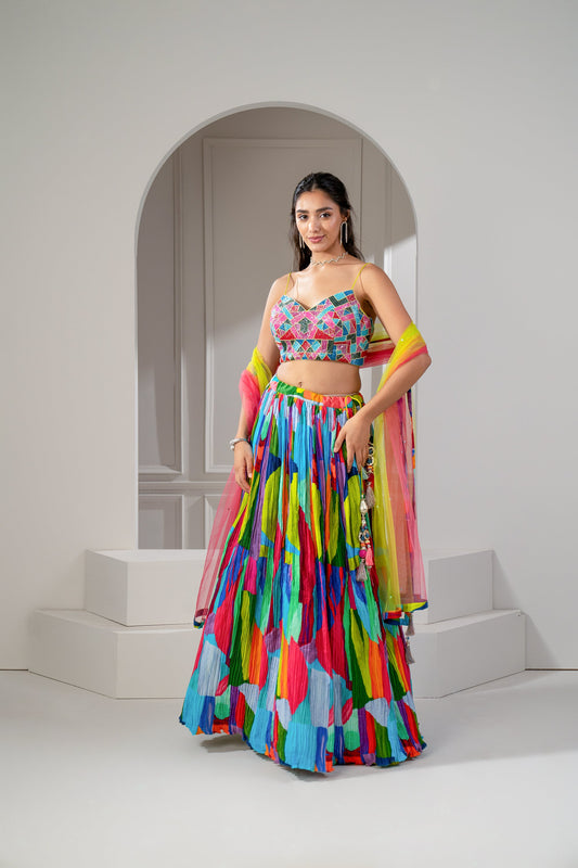 Multicoloured Soft Silk Zari Embroidered Lehenga Set.