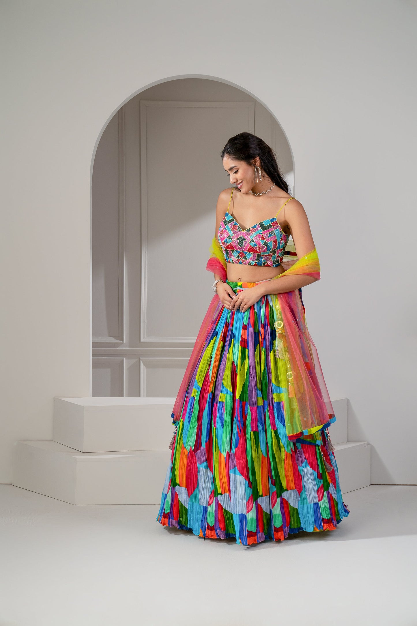 Multicoloured Soft Silk Zari Embroidered Lehenga Set.