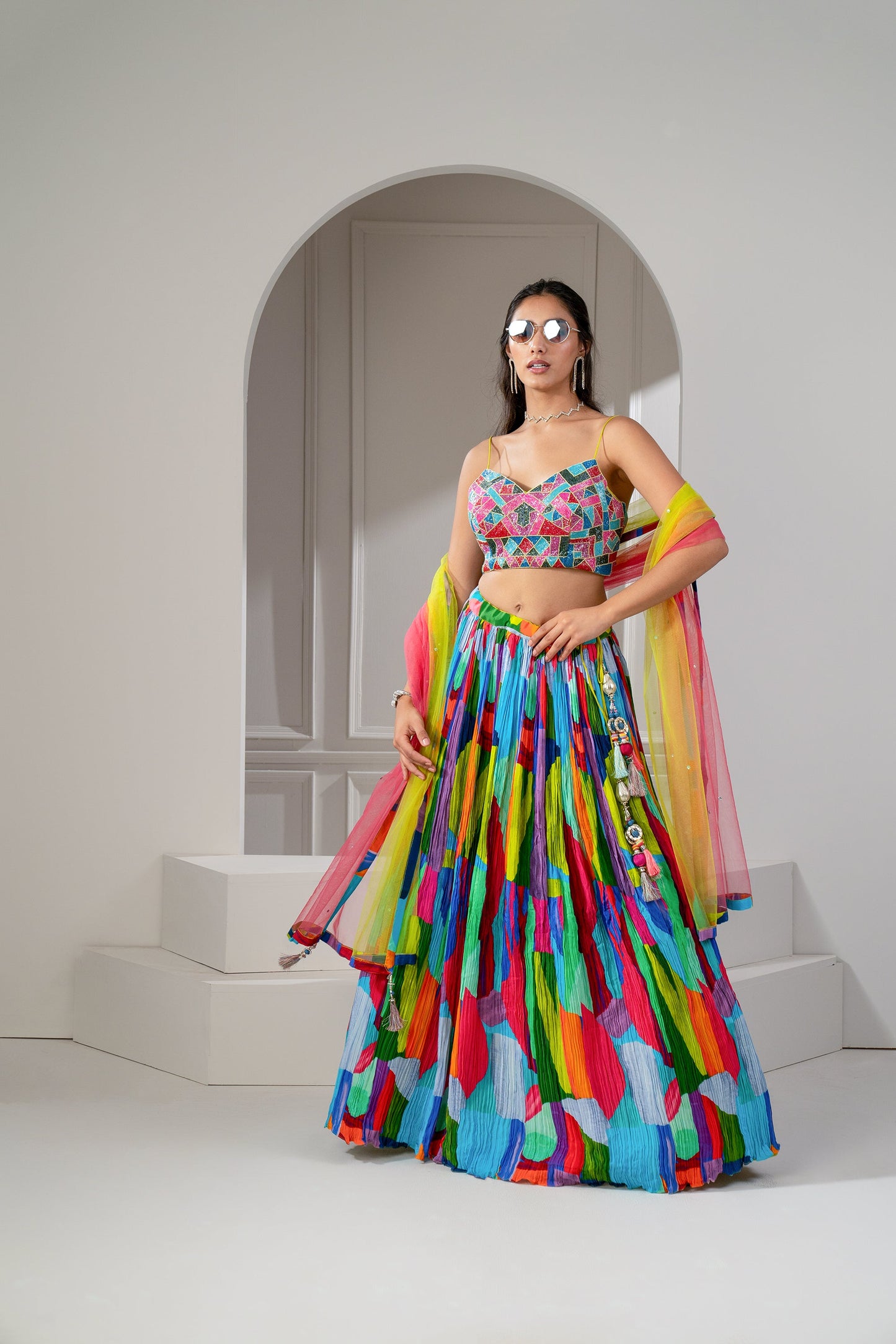 Multicoloured Soft Silk Zari Embroidered Lehenga Set.