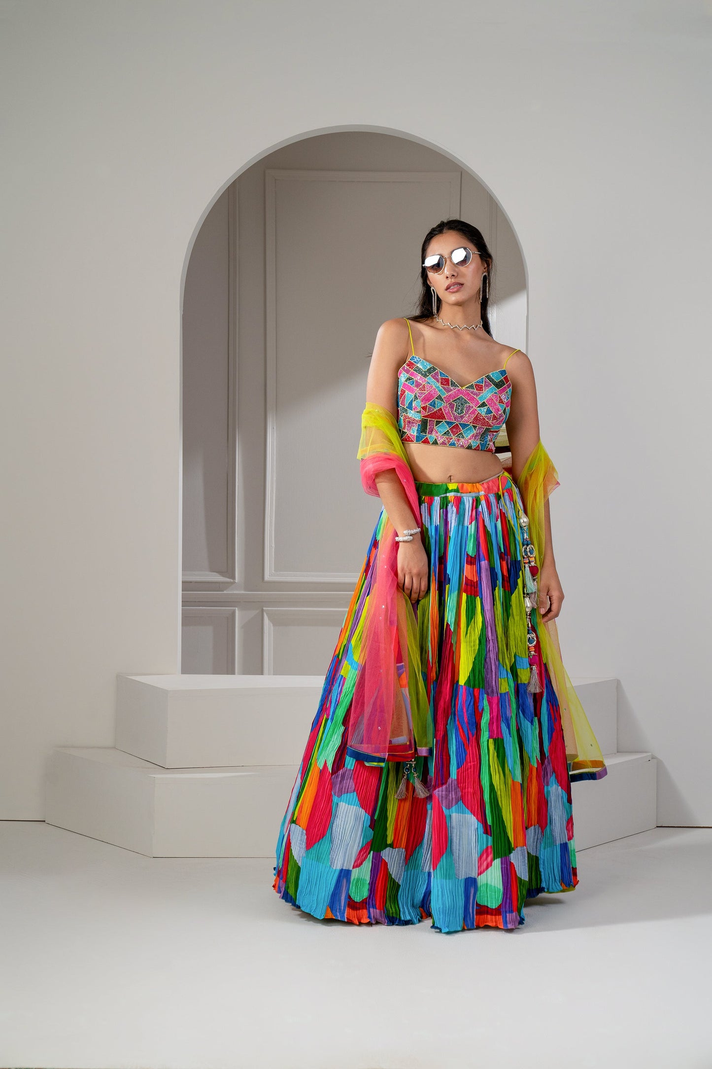 Multicoloured Soft Silk Zari Embroidered Lehenga Set.