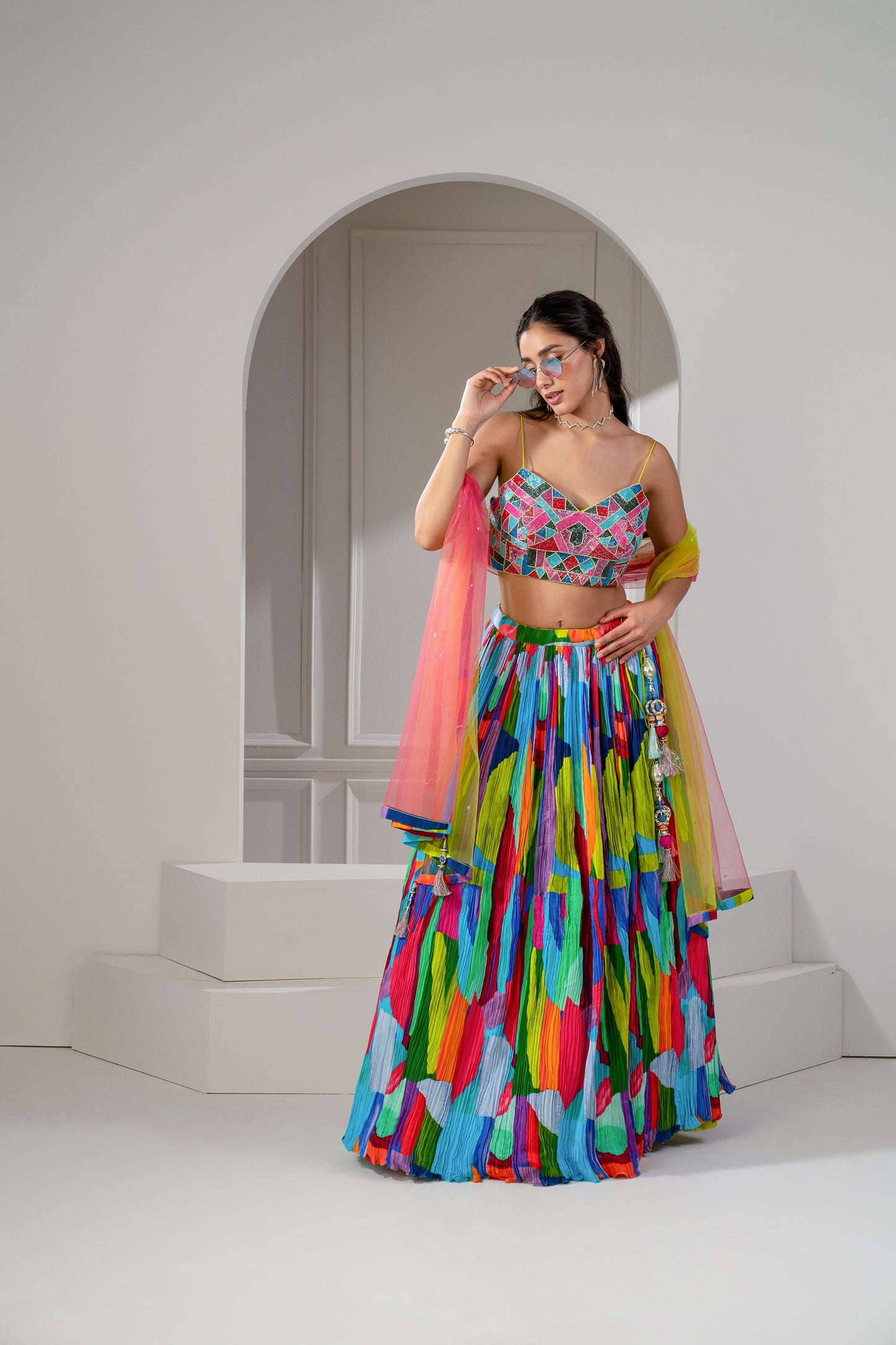 Multicoloured Soft Silk Zari Embroidered Lehenga Set.