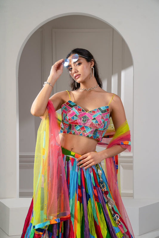 Multicoloured Soft Silk Zari Embroidered Lehenga Set.