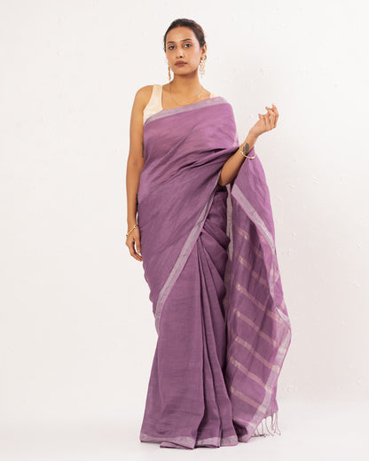 Purple handwoven linen Festive saree