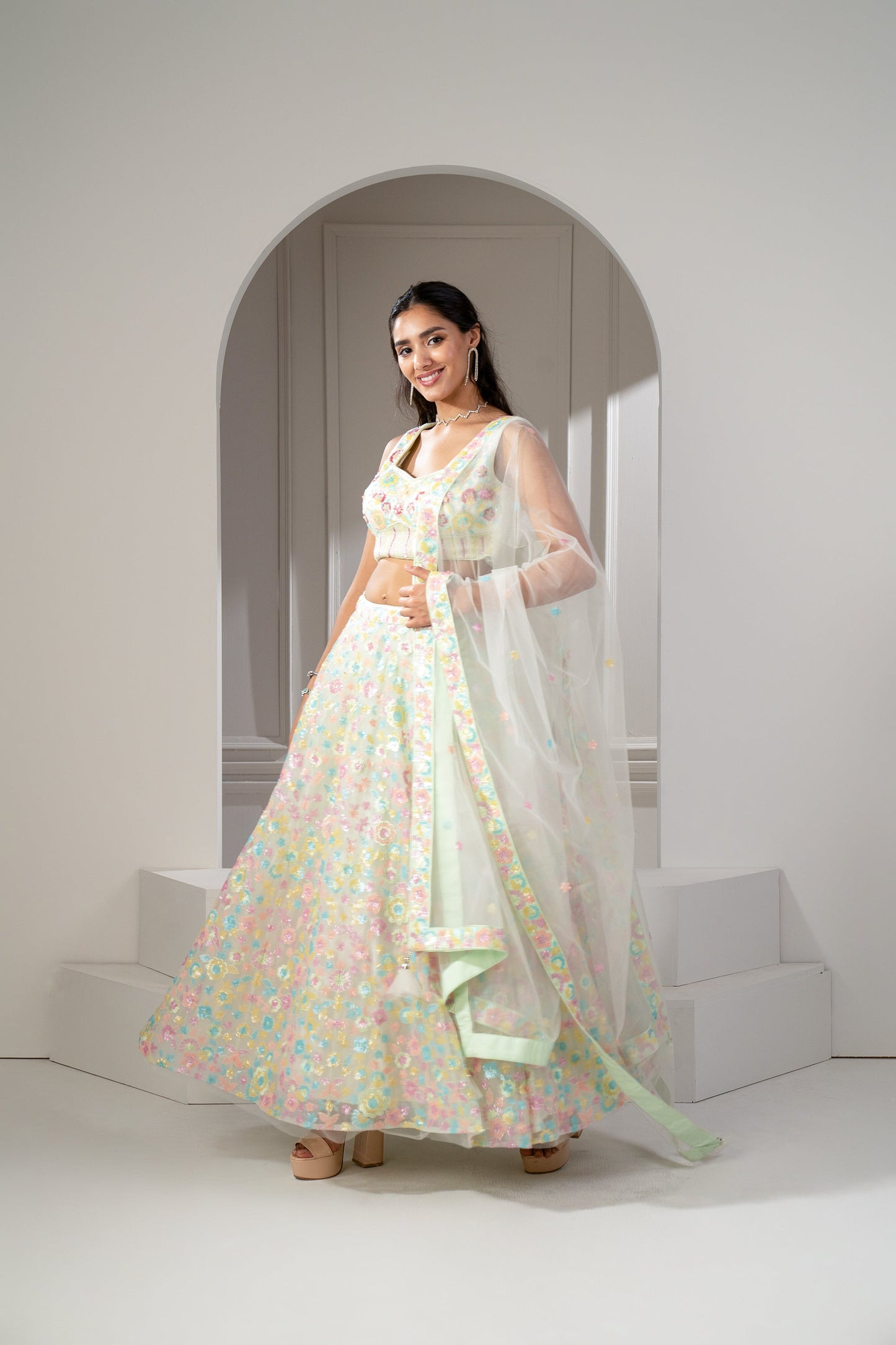Soft Multicolour Sequinned Organza Lehenga Set