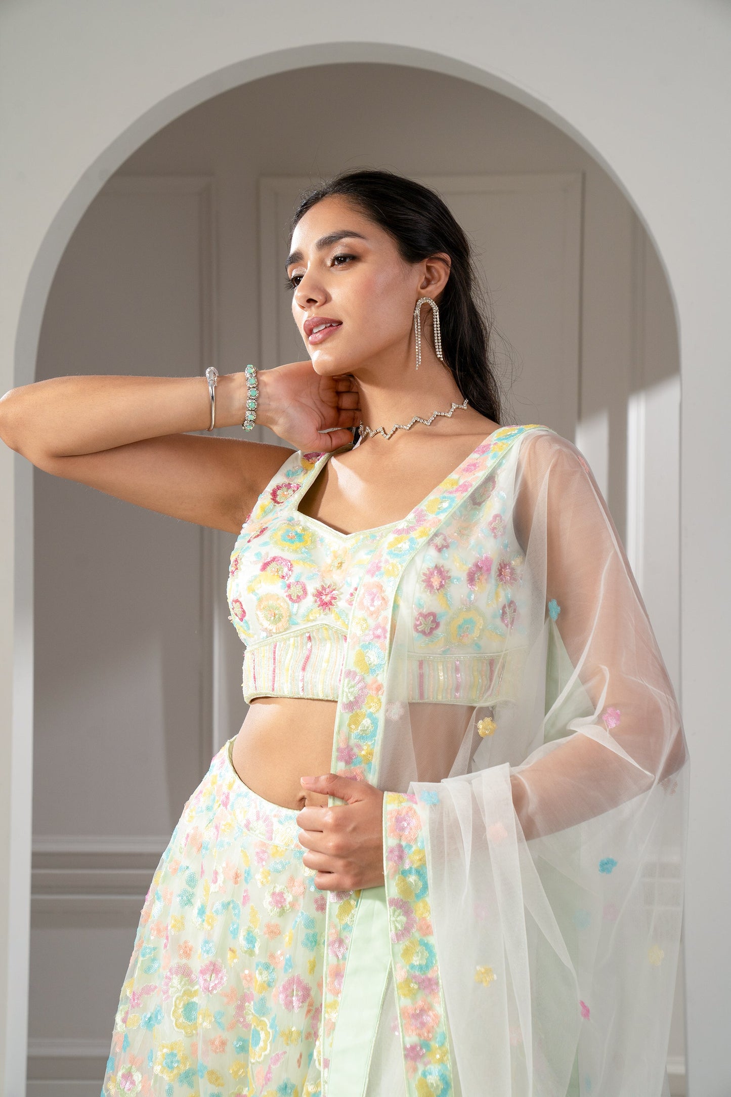 Soft Multicolour Sequinned Organza Lehenga Set