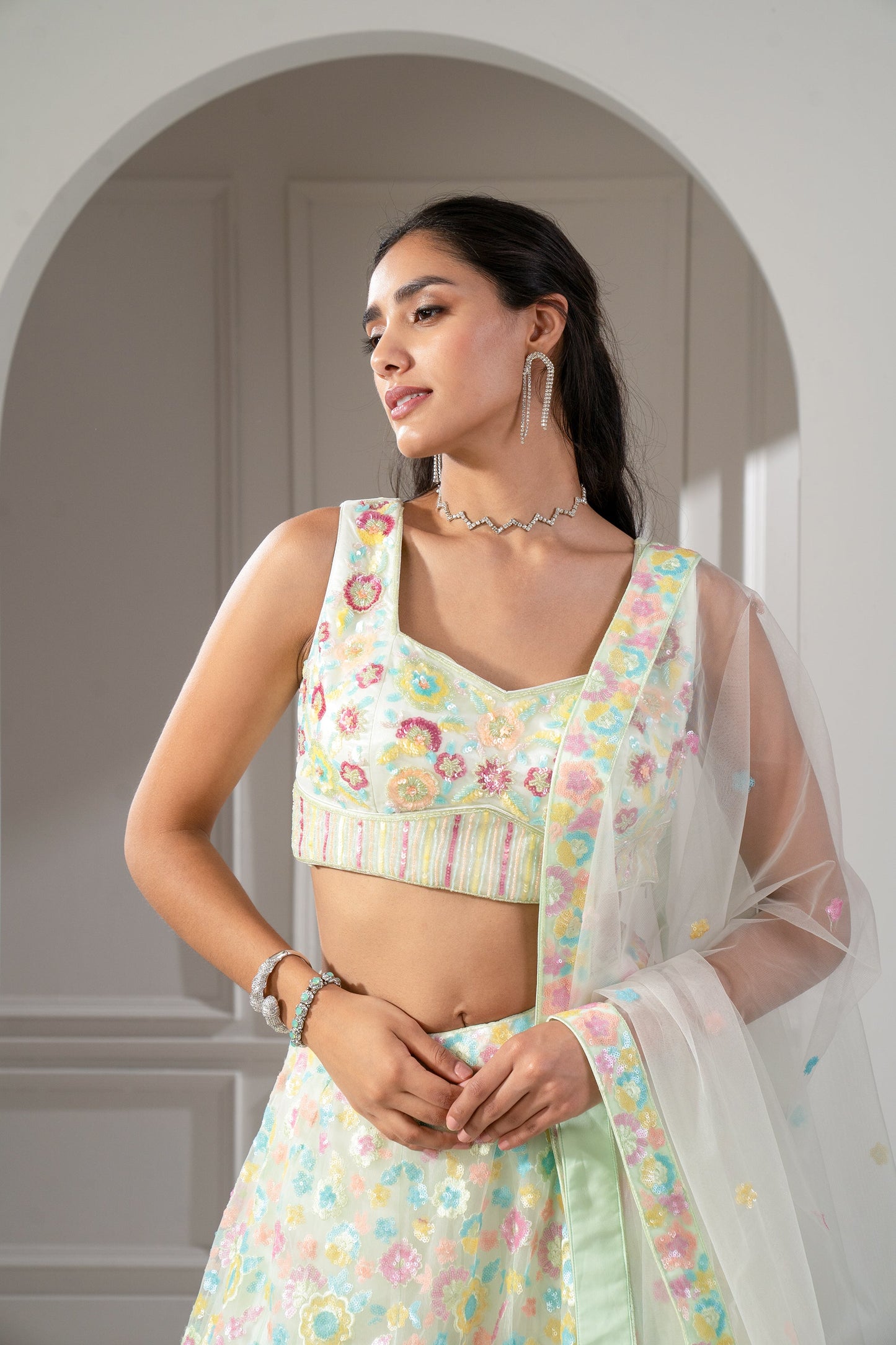 Soft Multicolour Sequinned Organza Lehenga Set