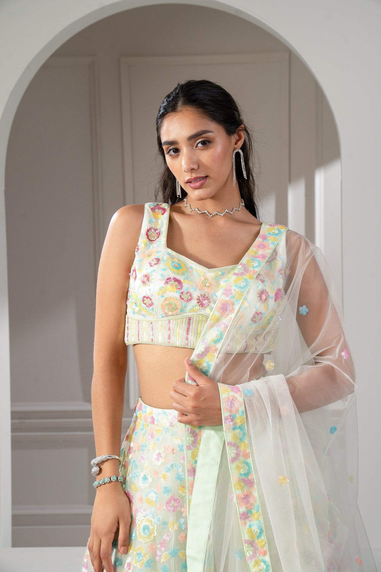 Soft Multicolour Sequinned Organza Lehenga Set