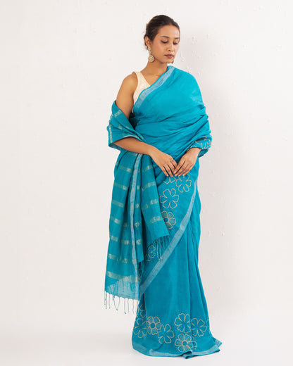 Cyan Blue embroidered handwoven linen saree