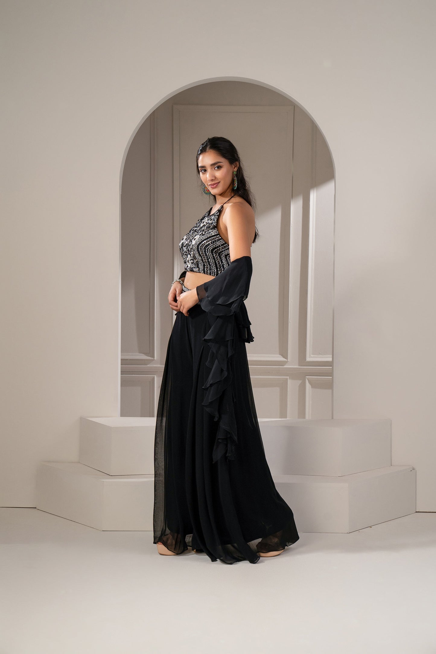 Sable Black Organza Zari and Cutdana Embellished Indo Western Set