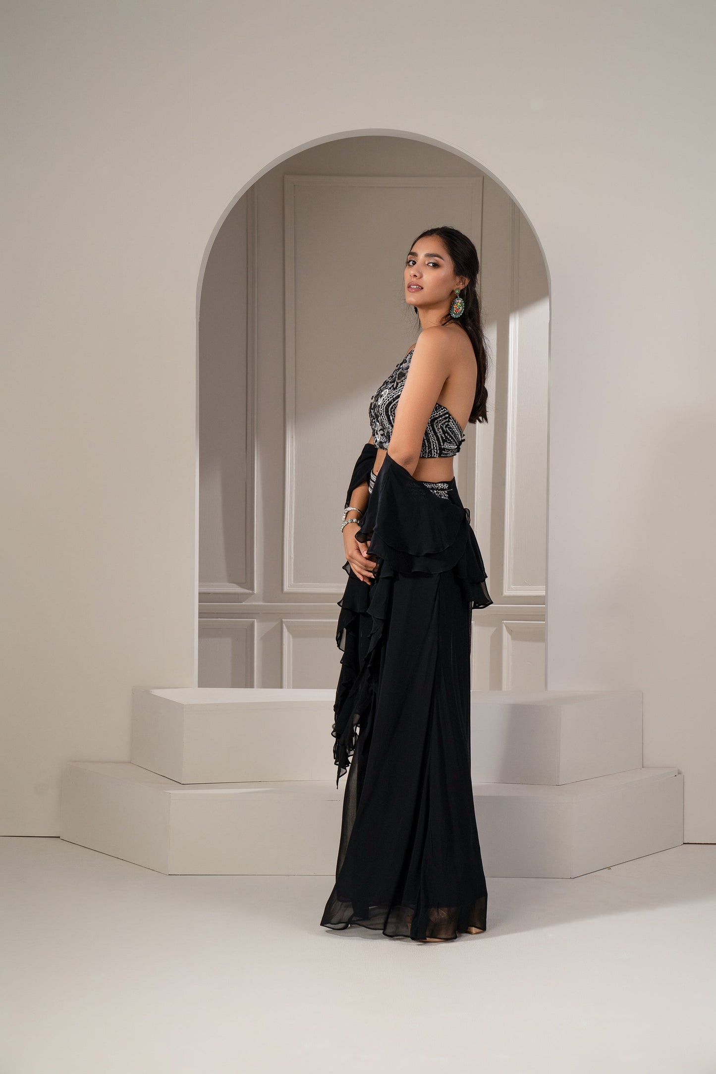 Sable Black Organza Zari and Cutdana Embellished Indo Western Set