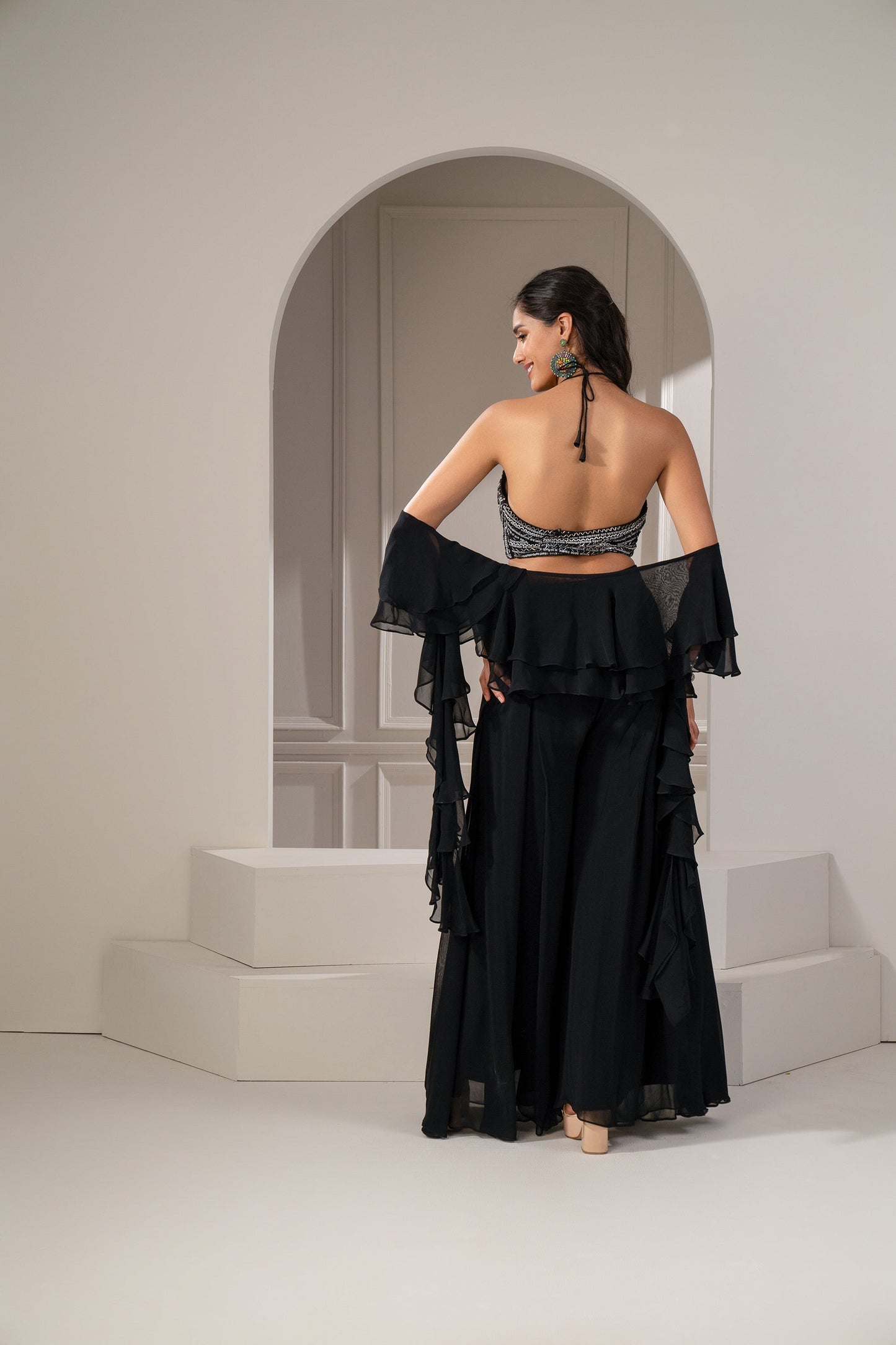Sable Black Organza Zari and Cutdana Embellished Indo Western Set