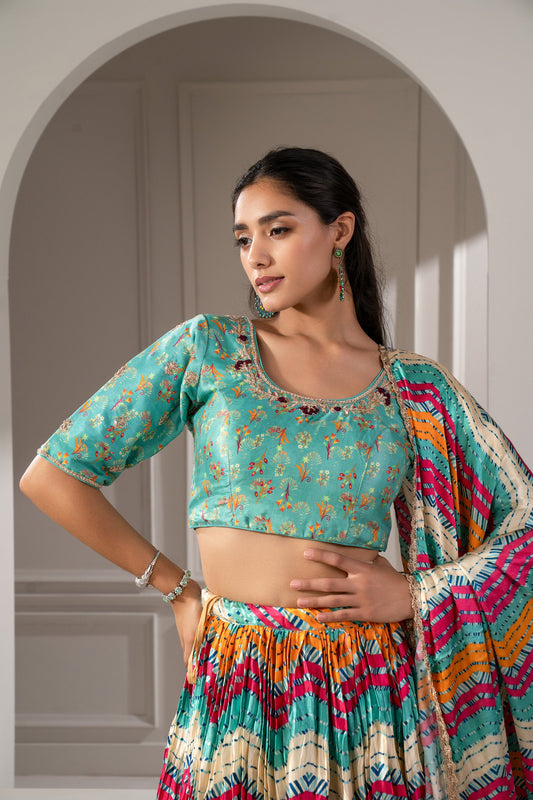 Multicoloured Sharting Silk Printed Lehenga Set