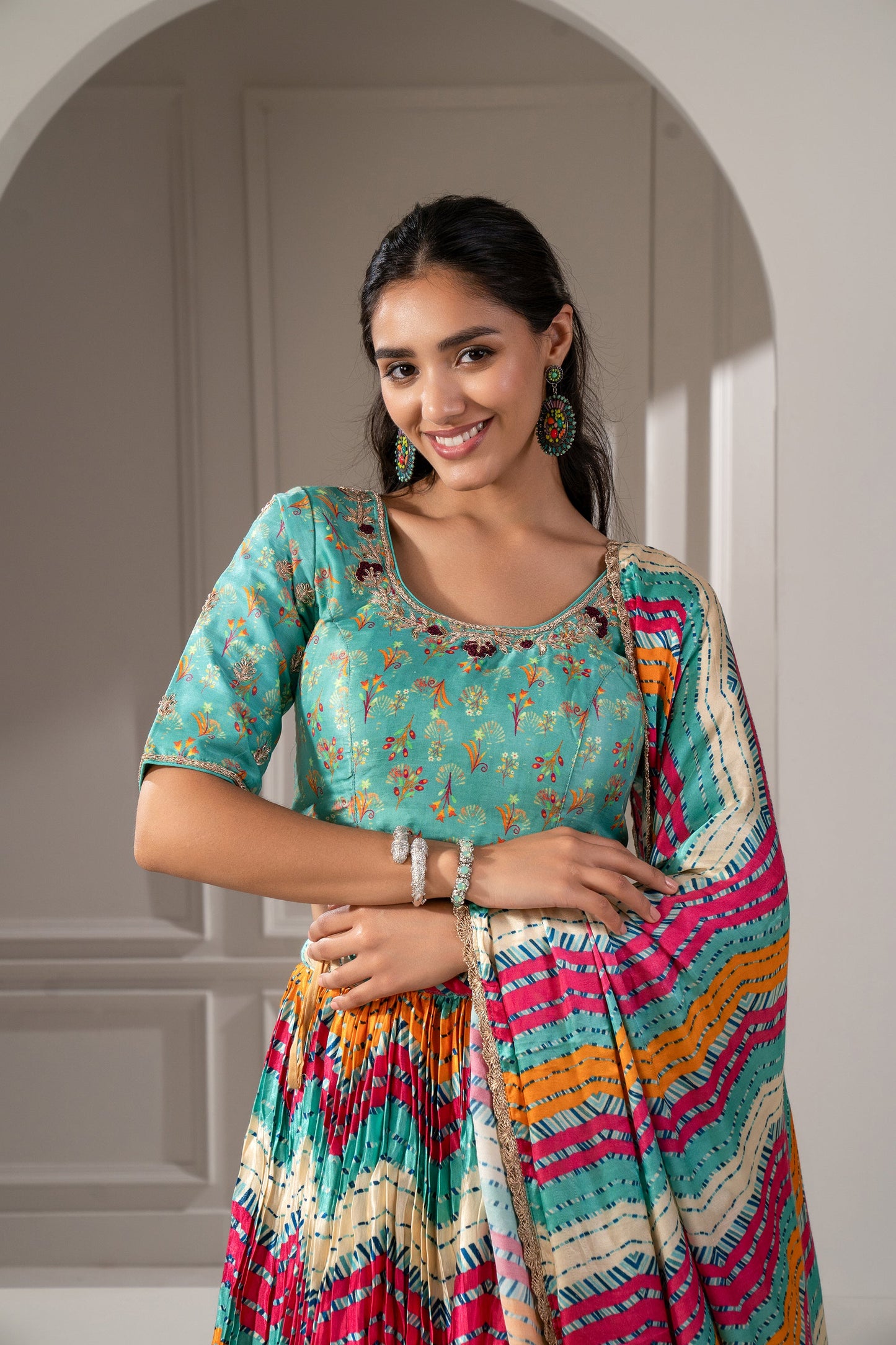 Multicoloured Sharting Silk Printed Lehenga Set