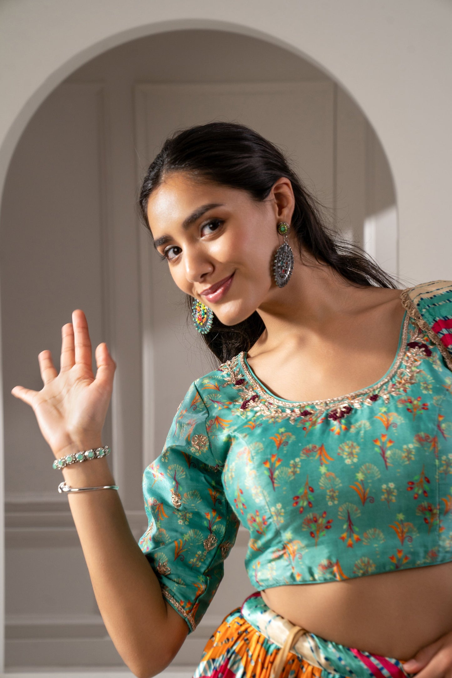 Multicoloured Sharting Silk Printed Lehenga Set