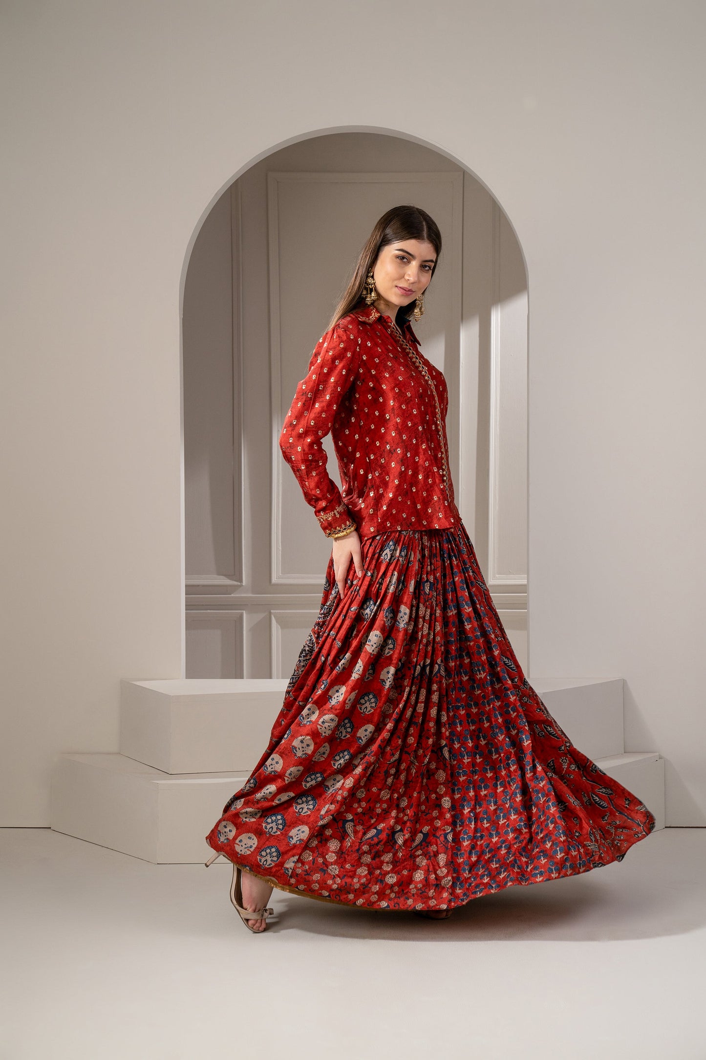Brick Red Sharting Silk Printed Indo Western Set
