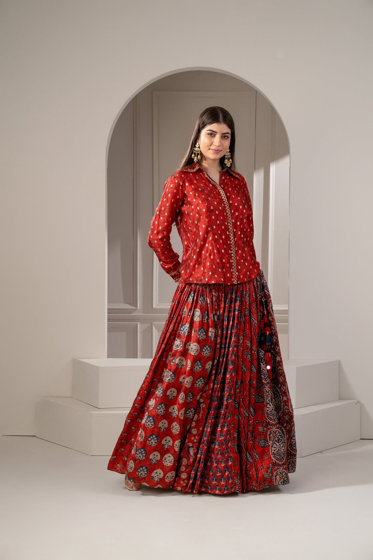 Brick Red Sharting Silk Printed Indo Western Set