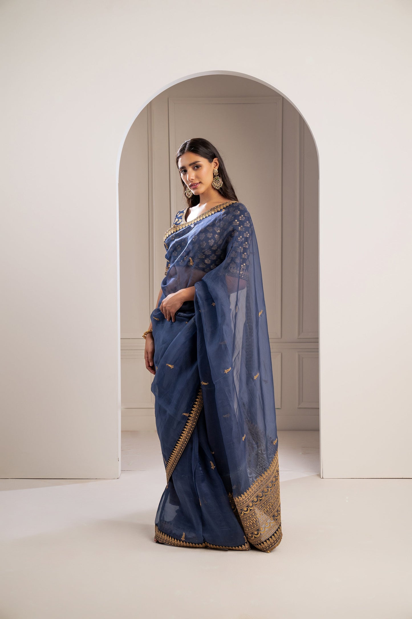Indigo Blue Machine Embroidered Organza Saree