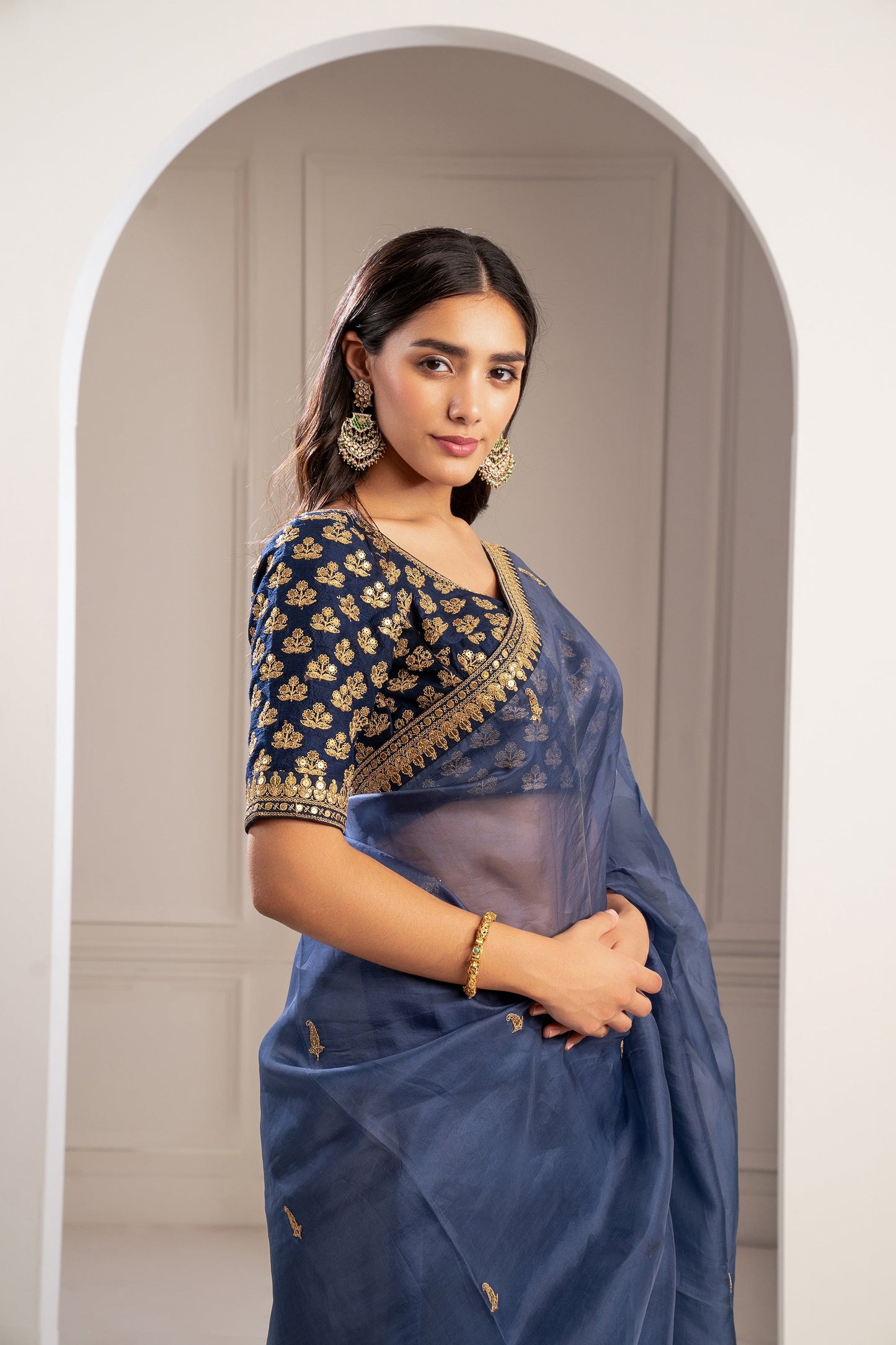 Indigo Blue Machine Embroidered Organza Saree