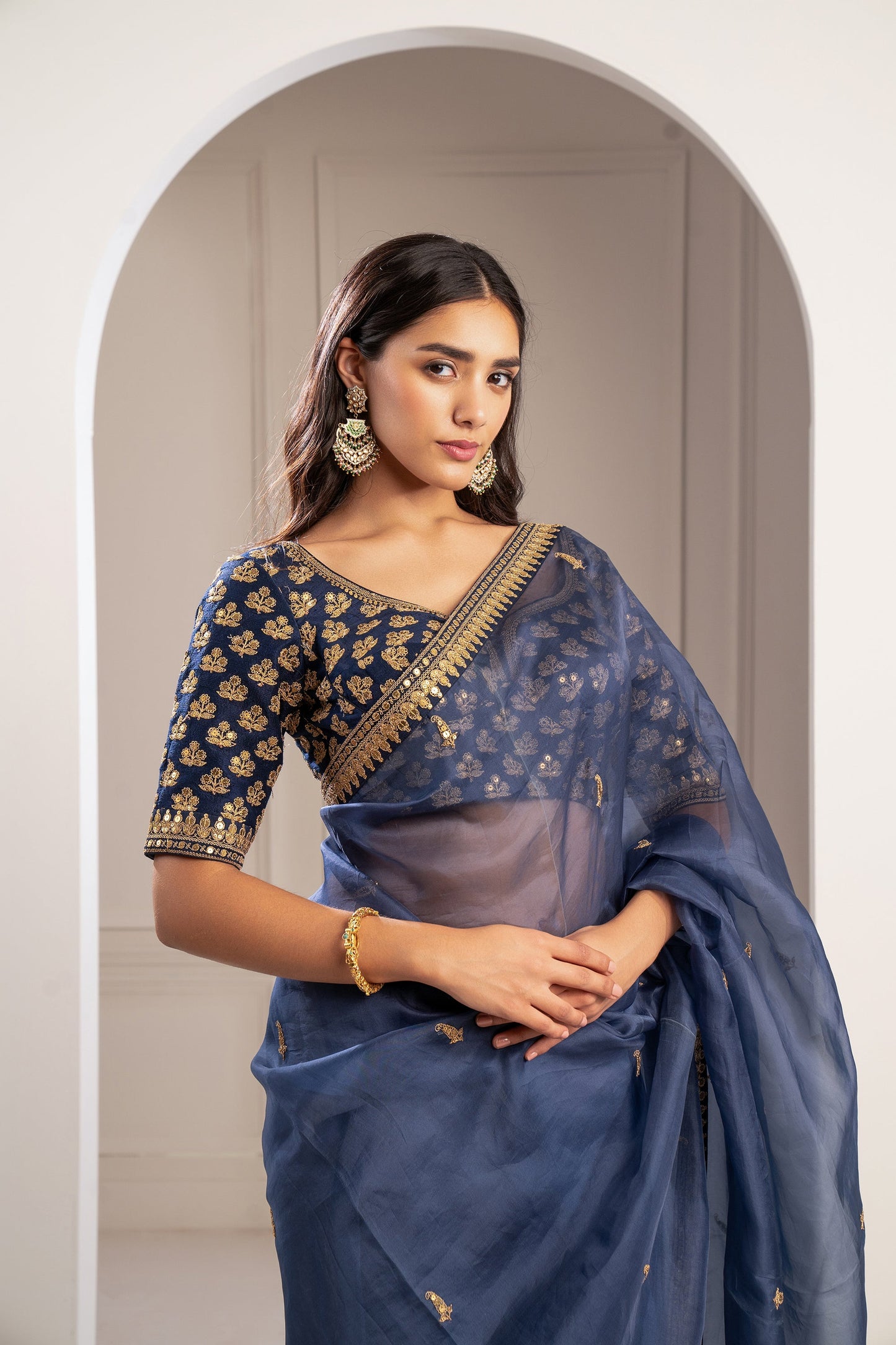 Indigo Blue Machine Embroidered Organza Saree