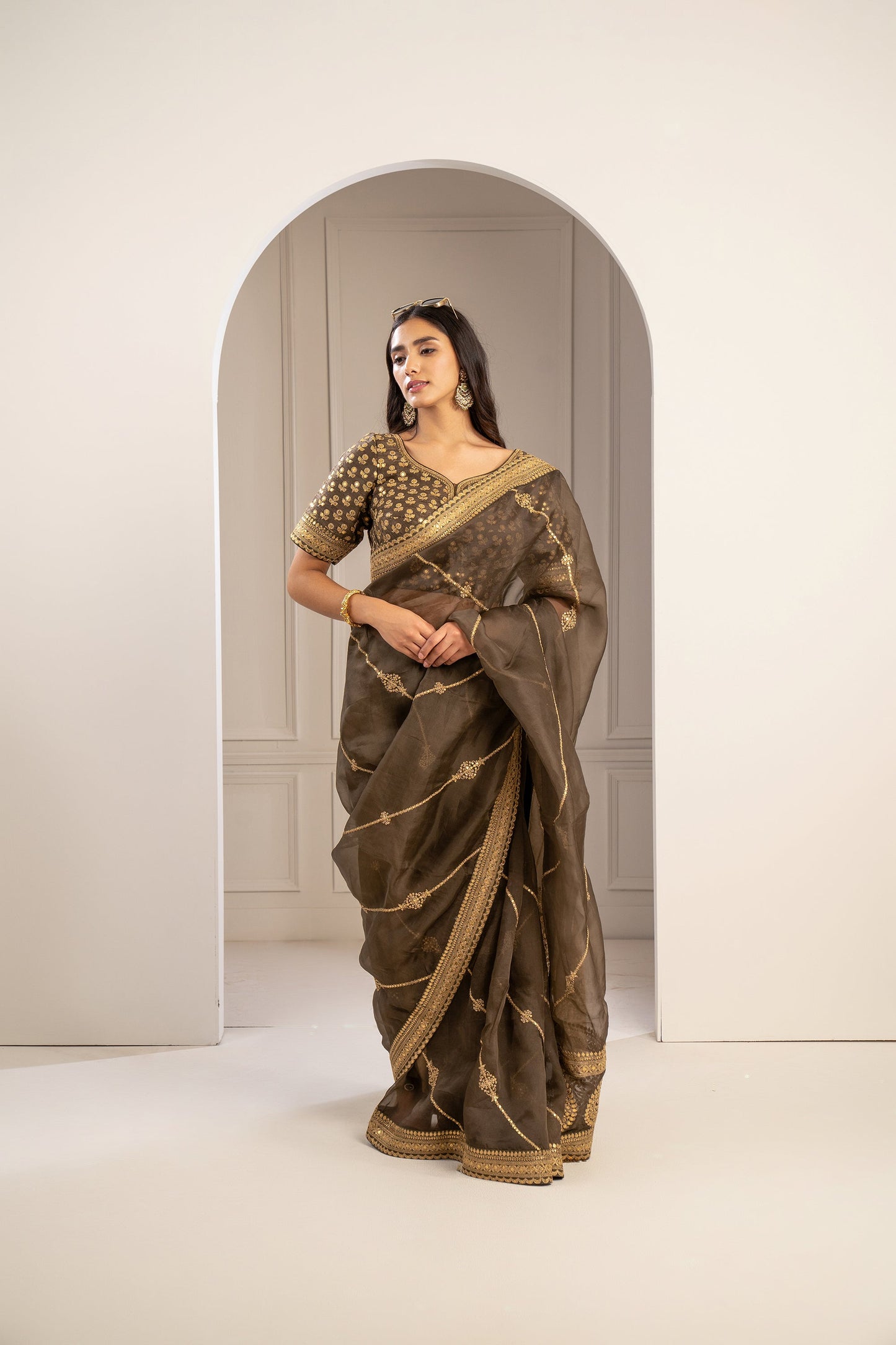 Mehendi Green Organza Saree with Pita Work