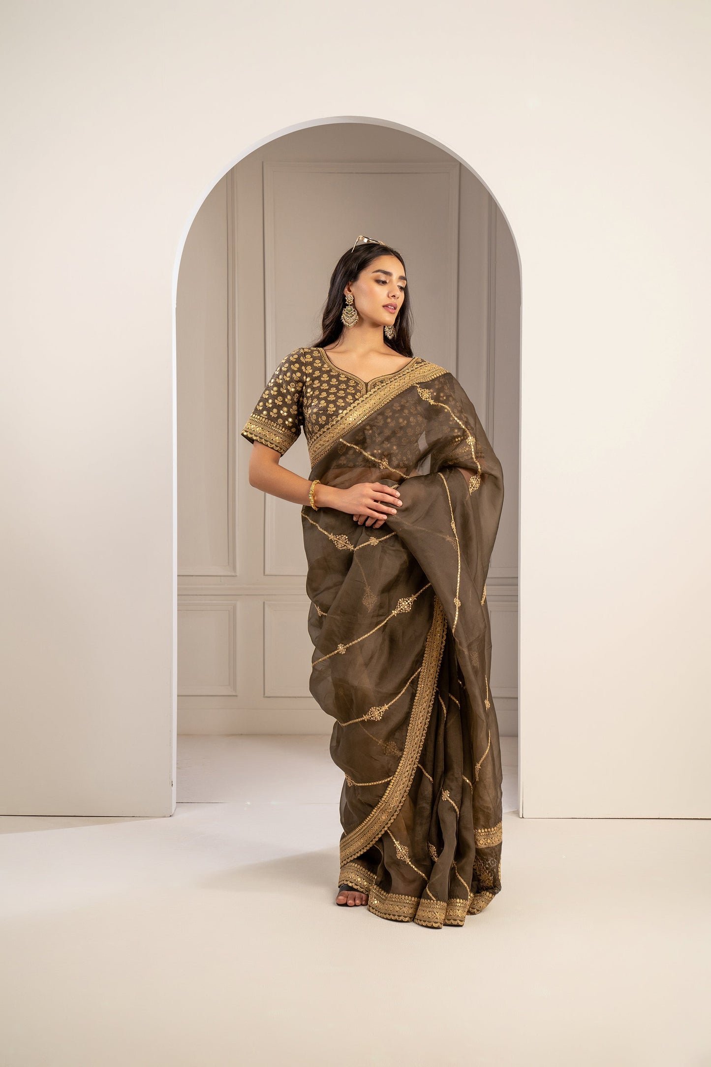 Mehendi Green Organza Saree with Pita Work