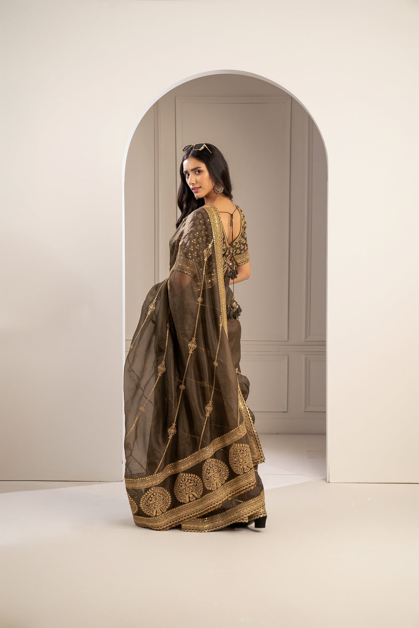 Mehendi Green Organza Saree with Pita Work