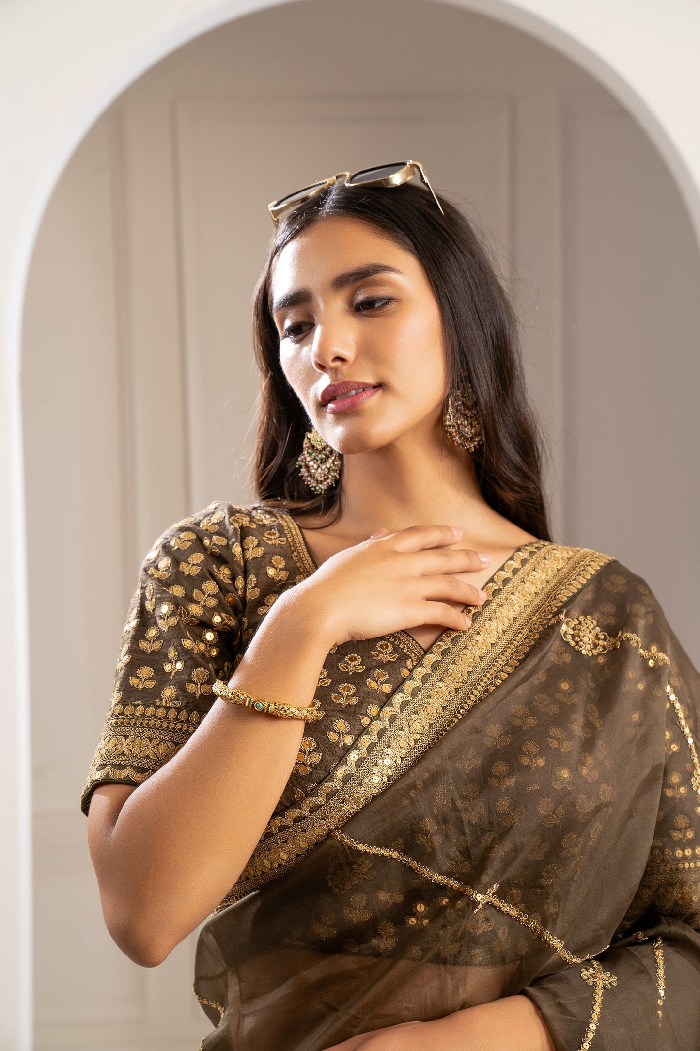 Mehendi Green Organza Saree with Pita Work