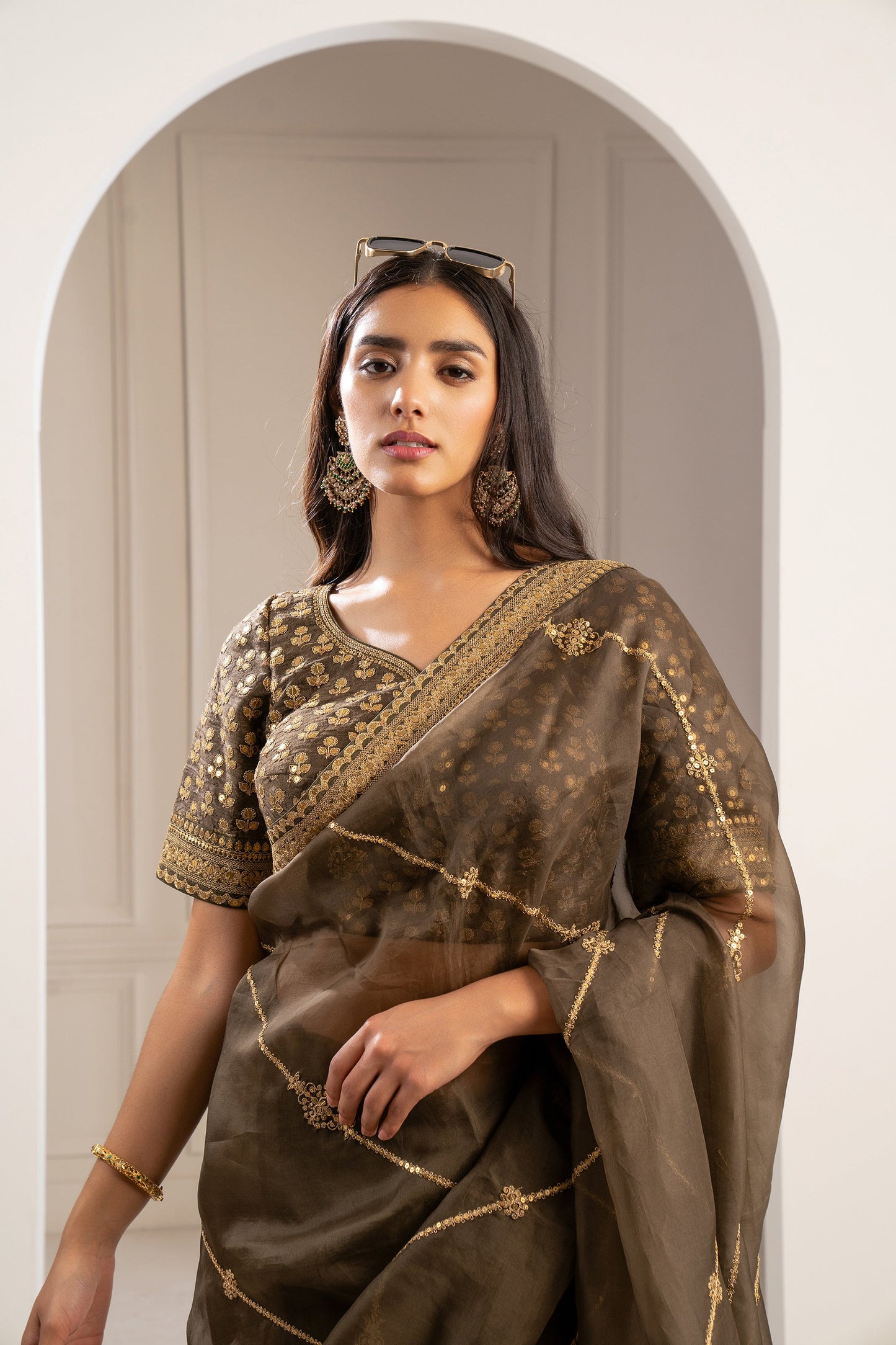 Mehendi Green Organza Saree with Pita Work